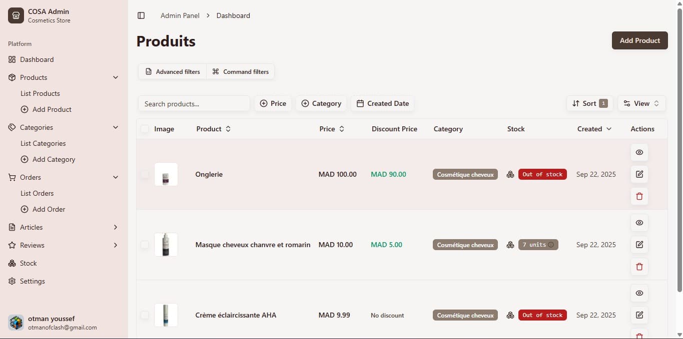 Dashboard de Gestion de Commandes et stock E-commerce - Cosa